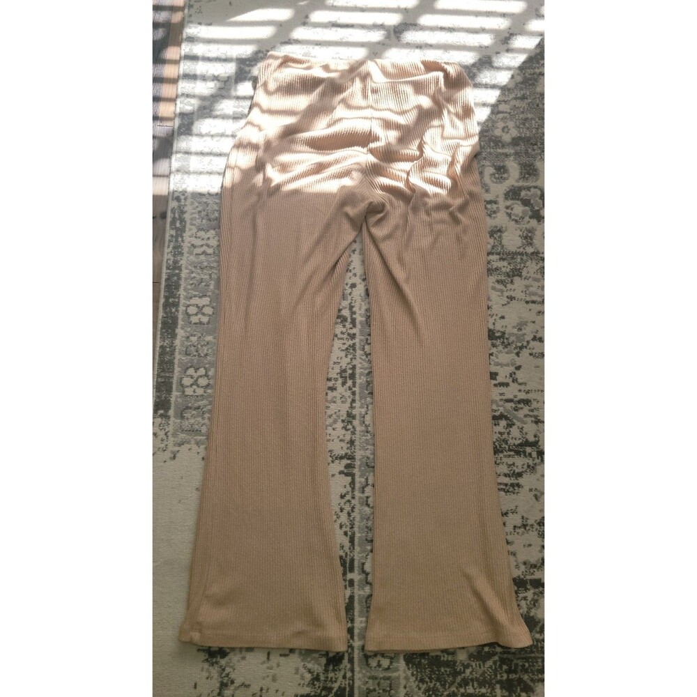 EXPRESS Super High Waisted Ribbed Soft Knit Flare Pants Beige Size Large